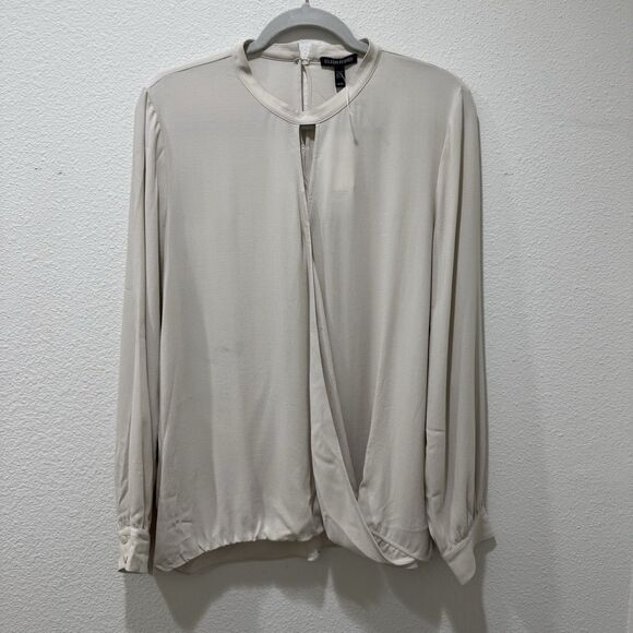 NWT Eileen Fisher Sz M BONE 100% Silk Crepe Mock Neck Top Blouse Overlap Front - Picture 1 of 9